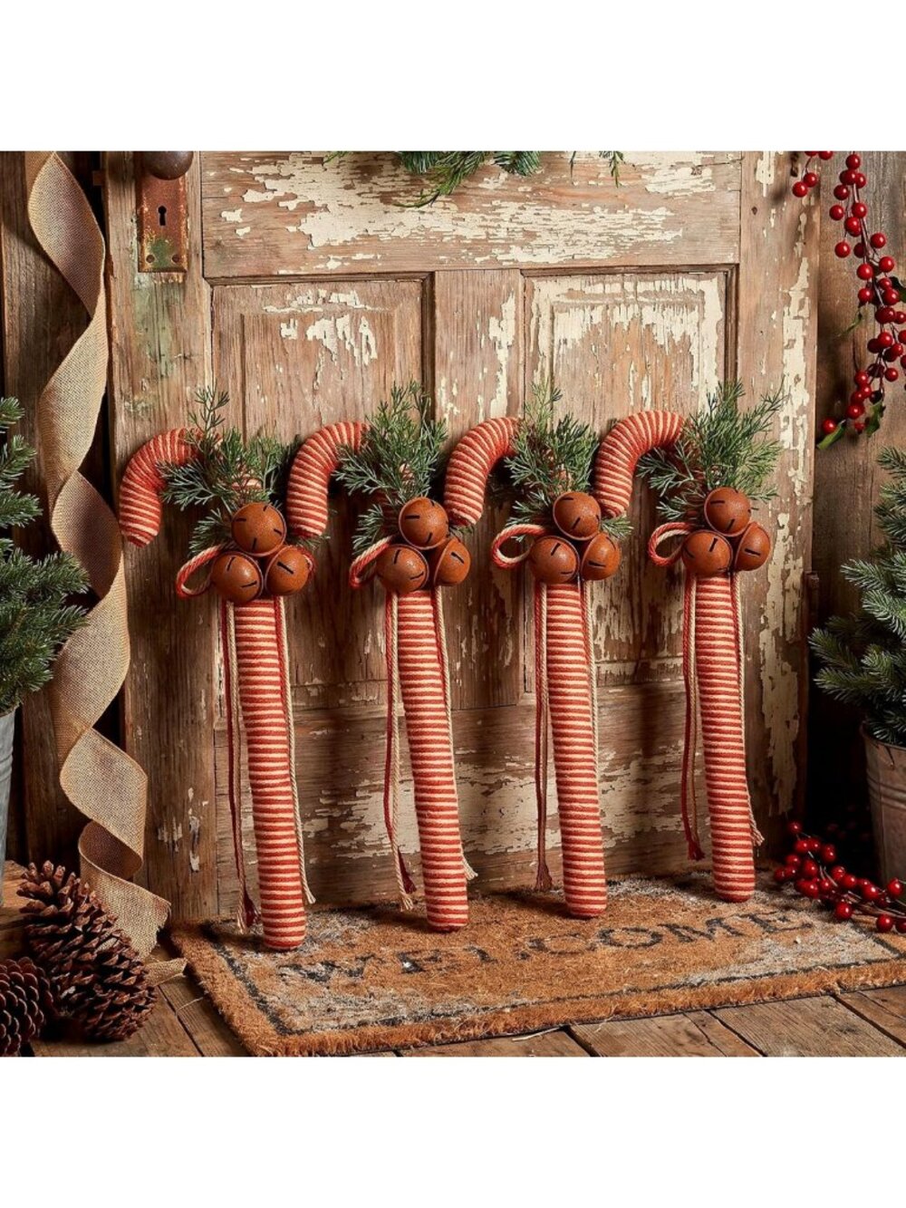 Large Rustic Red Christmas Candy Cane Ornaments - 4 Pcs, 15" Holiday Decor